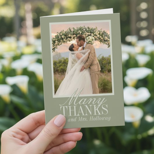 Modern Script Sage Green Wedding Photo Bedankkaart