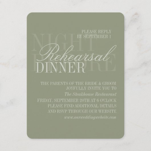 Modern Script Sage Green Wedding Rehearsal Informatiekaartje (Voorkant)