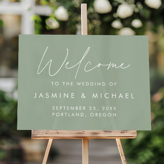 Modern Script Sage Green Wedding Welcome Acryl Bord