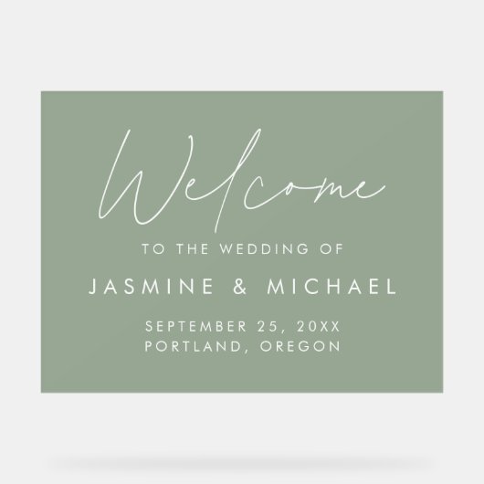 Modern Script Sage Green Wedding Welcome Acryl Bord (Voorkant)
