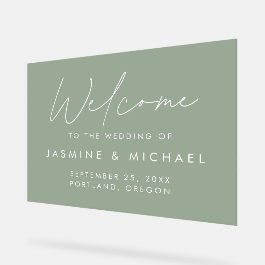 Modern Script Sage Green Wedding Welcome Acryl Bord (Hoek)