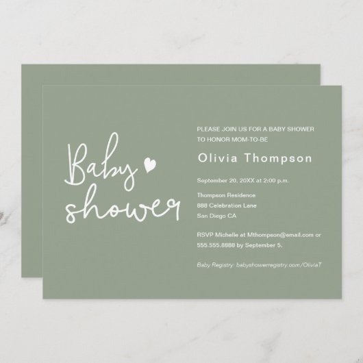 Modern script Sage groen Baby shower Kaart (Voorkant / Achterkant)