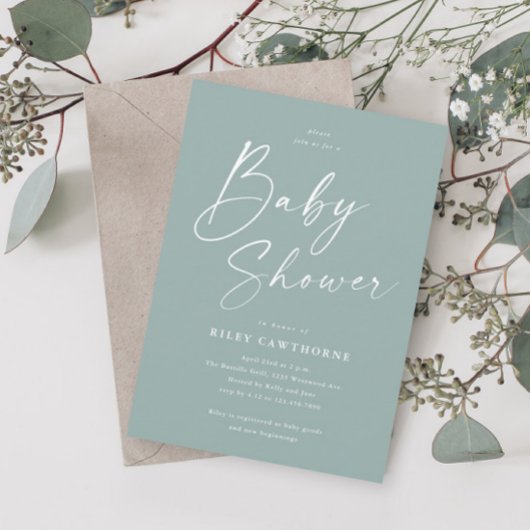 Modern Script Sage Groen Baby shower Kaart
