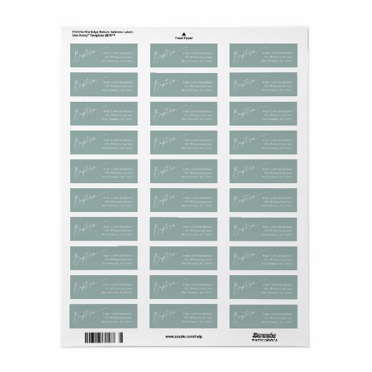 Modern Script Sage Groene Doop Retouradres Etiket (Full Sheet)