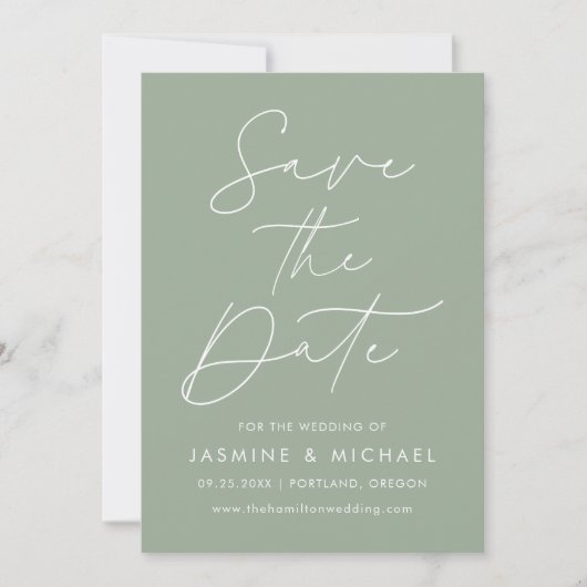 Modern Script Sage Groene Foto Save The Date (Voorkant)