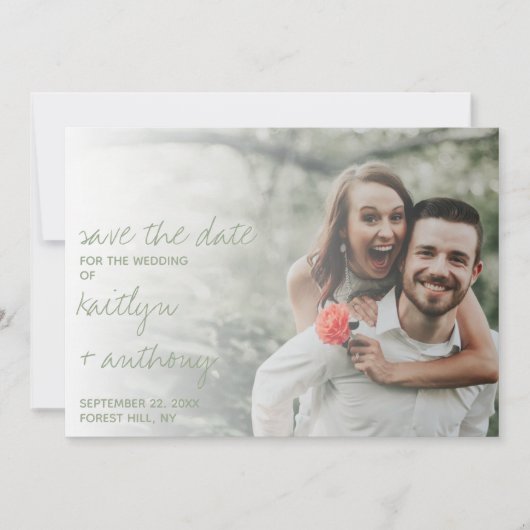 Modern Script Sage Groene Minimalistische Foto Save The Date (Voorkant)