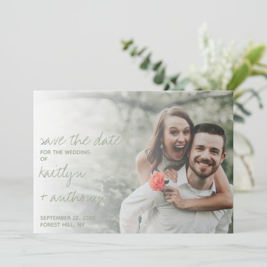 Modern Script Sage Groene Minimalistische Foto Save The Date (Staand voorkant)