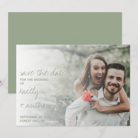 Modern Script Sage Groene Minimalistische Foto Save The Date (Voorkant / Achterkant)