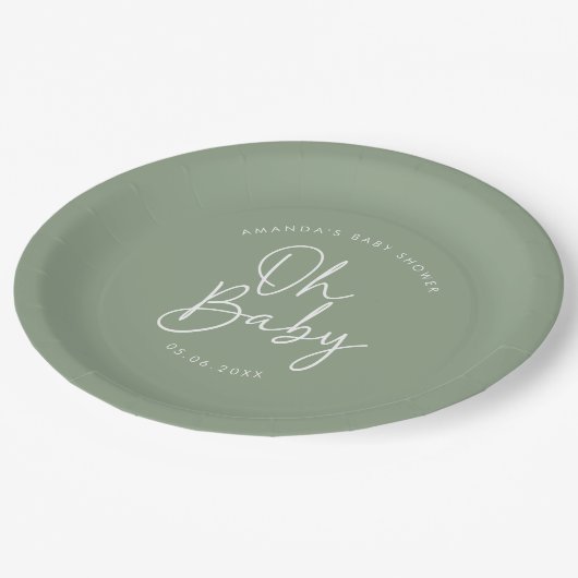 Modern Script Sage Oh Baby Eenvoudig Baby shower Papieren Bordje (Gekanteld)