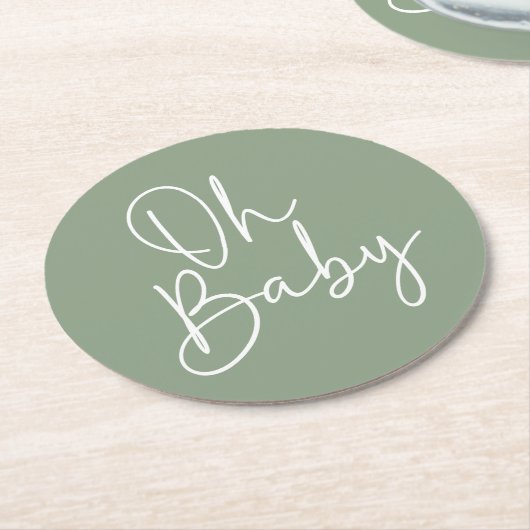 Modern Script Sage Oh Baby Eenvoudig Baby shower Ronde Kartonnen Onderzetter (Gebogen)
