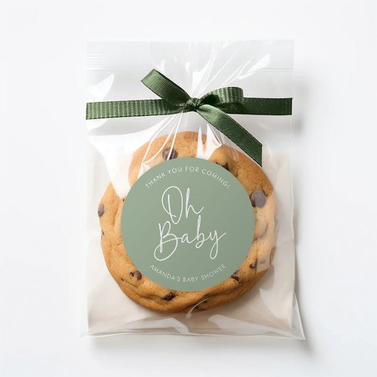 Modern Script Sage Oh Baby Simple Shower Favor Ronde Sticker