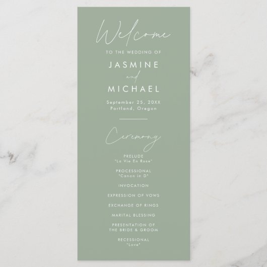 Modern Script Salie Groene Huwelijksprogramma (Voorkant)