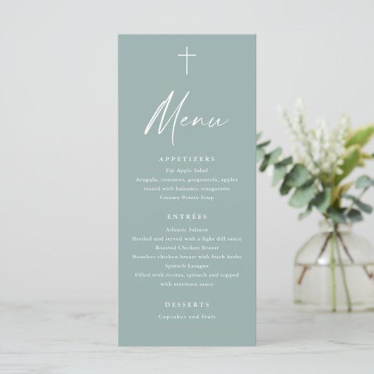 Modern Script Saliegroen Doop Menu (Staand voorkant)