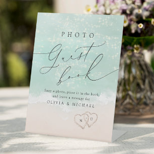 Modern Script Sand Hearts Beach Fotogastenboek Reclamebord Met Voetstuk