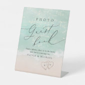 Modern Script Sand Hearts Beach Fotogastenboek Reclamebord Met Voetstuk (Voorkant)