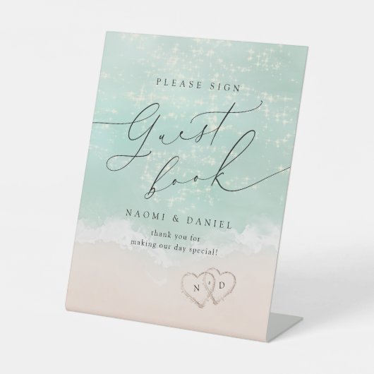 Modern Script Sand Hearts Beach Guest Book Sign Reclamebord Met Voetstuk (Voorkant)