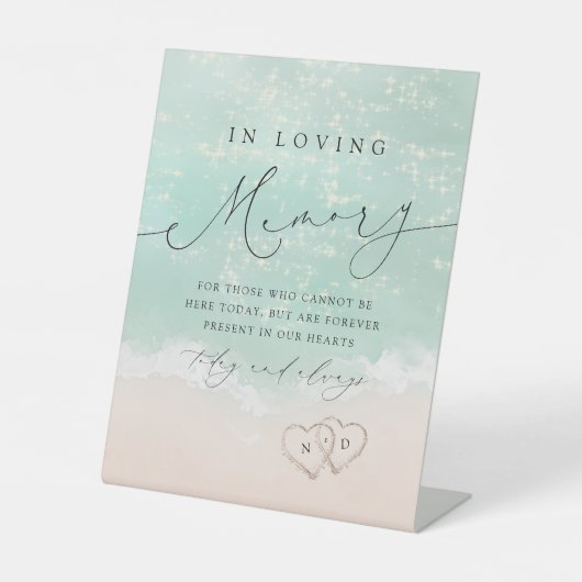 Modern Script Sand Hearts Beach in liefdevolle her Reclamebord Met Voetstuk (Voorkant)