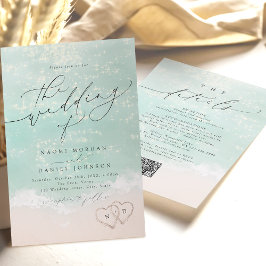 Modern Script Sand Hearts Beach Wedding Alles in é Kaart