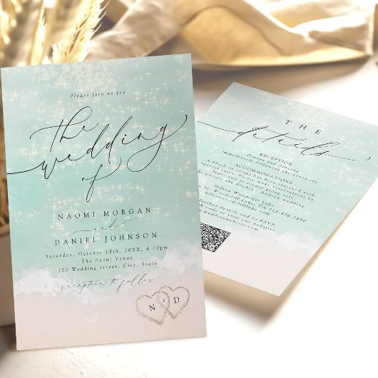 Modern Script Sand Hearts Beach Wedding Alles in é Kaart