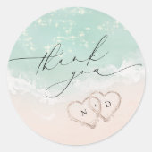 Modern Script Sand Hearts Beach Wedding Dank u Ronde Sticker (Voorkant)