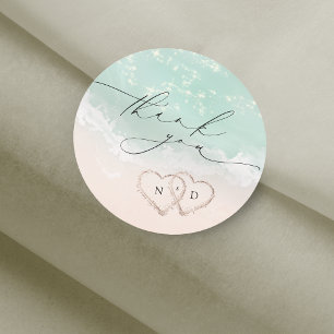 Modern Script Sand Hearts Beach Wedding Dank u Ronde Sticker