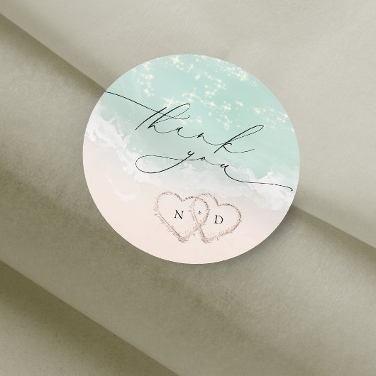 Modern Script Sand Hearts Beach Wedding Dank u Ronde Sticker