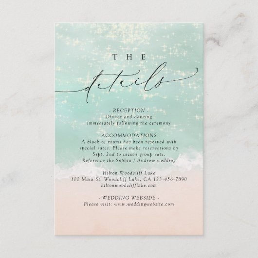 Modern Script Sand Hearts Beach Wedding Details Informatiekaartje (Voorkant)