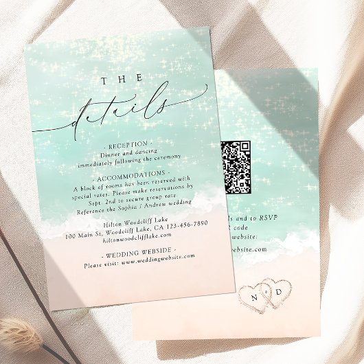Modern Script Sand Hearts Beach Wedding Details Informatiekaartje