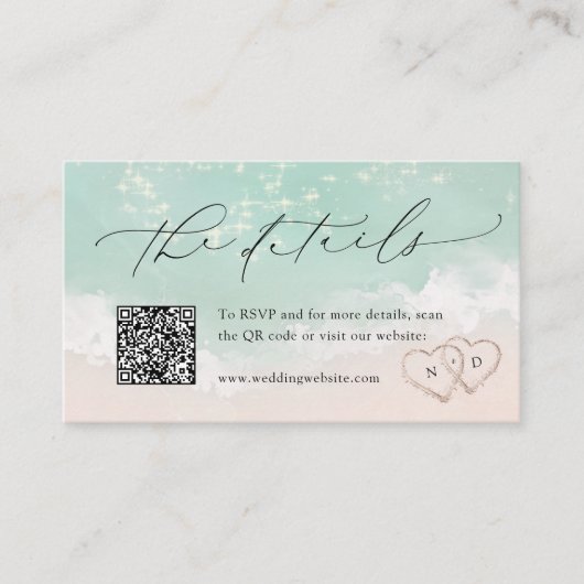 Modern Script Sand Hearts Beach Wedding Details Plaatskaartje (Voorkant)