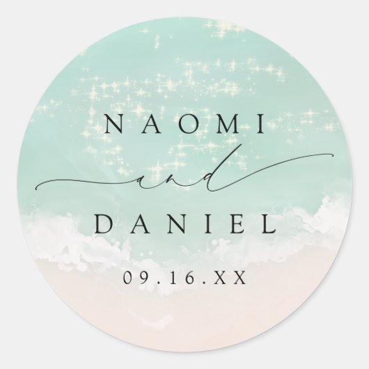 Modern Script Sand Hearts Beach Wedding Favors Ronde Sticker (Voorkant)