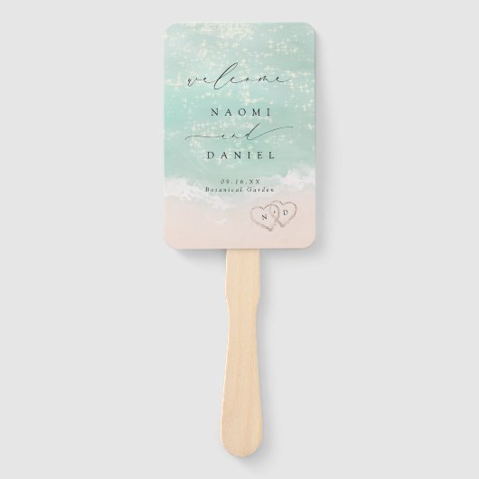 Modern Script Sand Hearts Beach Wedding Program Handwaaier (Voorkant)
