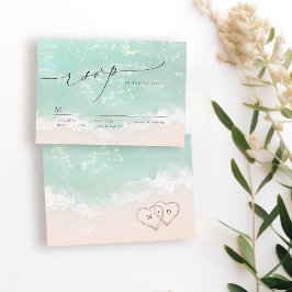 Modern Script Sand Hearts Beach Wedding RSVP Kaartje