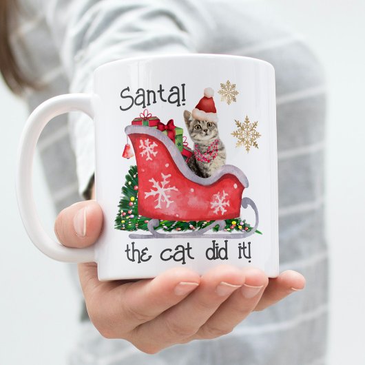 Modern Script Santa Cat Waterverf Funny Christmas Tweekleurige Koffiemok
