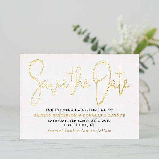 Modern Script Save The Date Echt Folie Uitnodiging (Staand Voorkant)