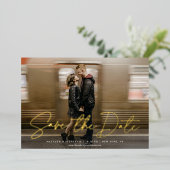 Modern Script SAVE THE DATE Foto ECHT Folie Uitnodiging (Staand Voorkant)