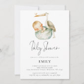 Modern Script Schattige Ooievaar en Baby shower Kaart (Voorkant)