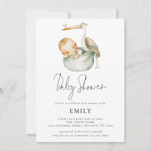Modern Script Schattige Ooievaar en Baby shower Kaart (Voorkant)