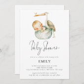 Modern Script Schattige Ooievaar en Baby shower Kaart (Voorkant / Achterkant)