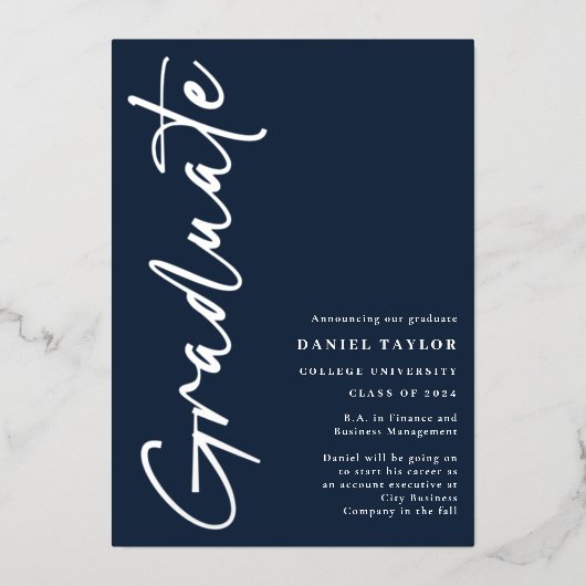 Modern Script Silver Foil Afstuderen Aankondiging (Voorkant)