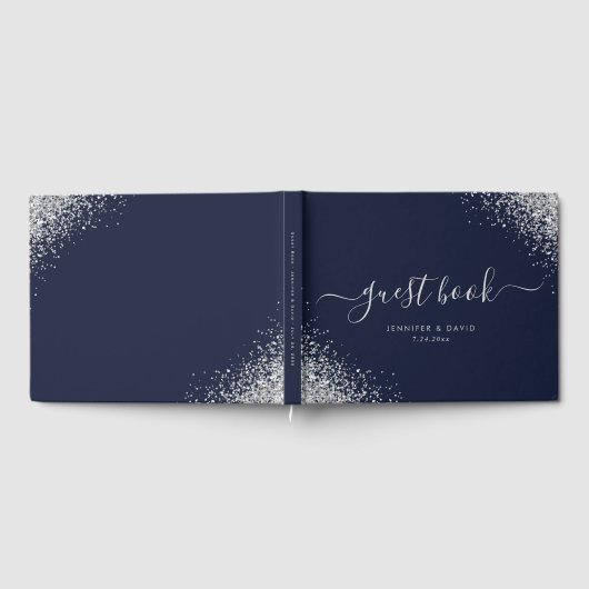Modern Script Silver Glitter Navy Blue Wedding Gastenboek (Volledig)