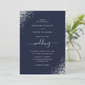 Modern Script Silver Glitter Navy Blue Wedding Kaart (Staand voorkant)