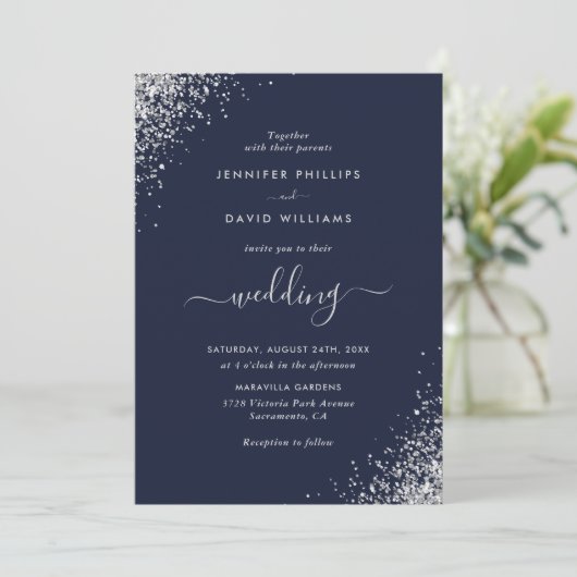 Modern Script Silver Glitter Navy Blue Wedding Kaart (Staand voorkant)