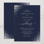 Modern Script Silver Glitter Navy Blue Wedding Kaart (Voorkant / Achterkant)
