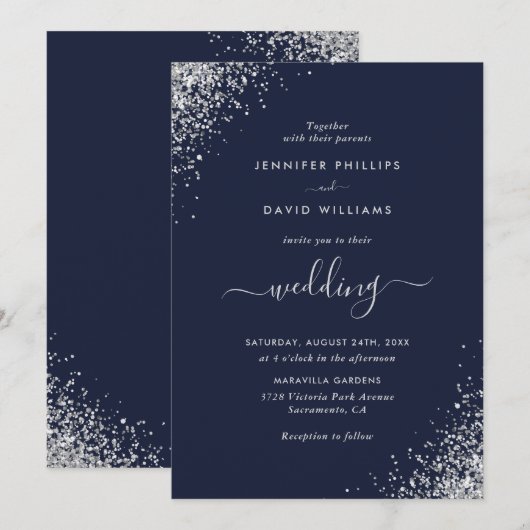Modern Script Silver Glitter Navy Blue Wedding Kaart (Voorkant / Achterkant)