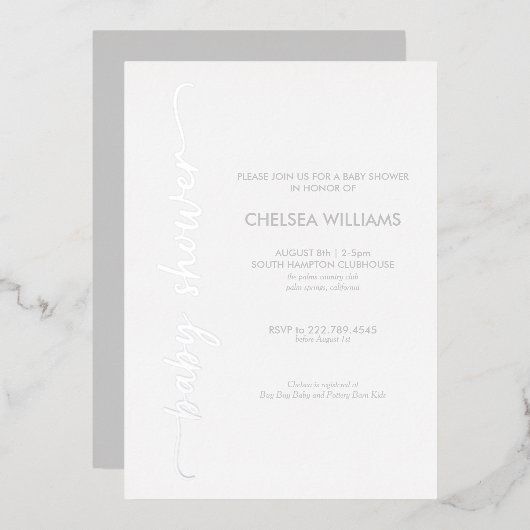 Modern Script Silver Real Folie Baby shower Folie Uitnodiging (Voorkant / Achterkant)