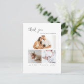 Modern Script Simple 3 Photo Birth Announcement Briefkaart (Staand voorkant)