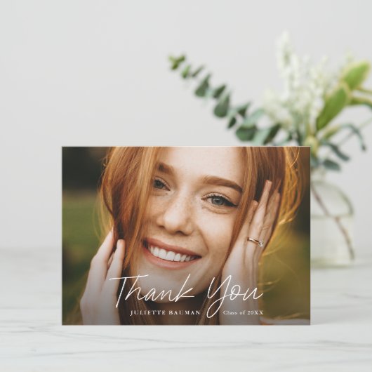 Modern Script Simple Photo Afstuderen Bedankkaart (Staand voorkant)