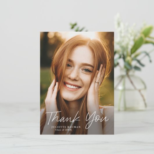 Modern Script Simple Photo Afstuderen Bedankkaart (Staand voorkant)