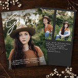 Modern Script Simple Photo Graduation Announcement Kaart<br><div class="desc">A Modern Script Graduate Simple Photo Graduation Announcement card with a handwritten font,  with name and graduation details. The back has two photo placements with additional details. Click the edit button to customize this design.</div>