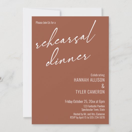 Modern Script Simple Rehearsal Dinner Terracotta Kaart (Voorkant)